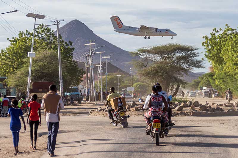 An airplane making its landing in the town of Lodwar, the capital of Turkana County, Kenya.