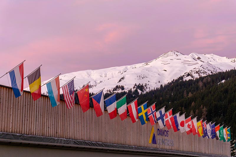 The congress center in Davos with flags of nations.